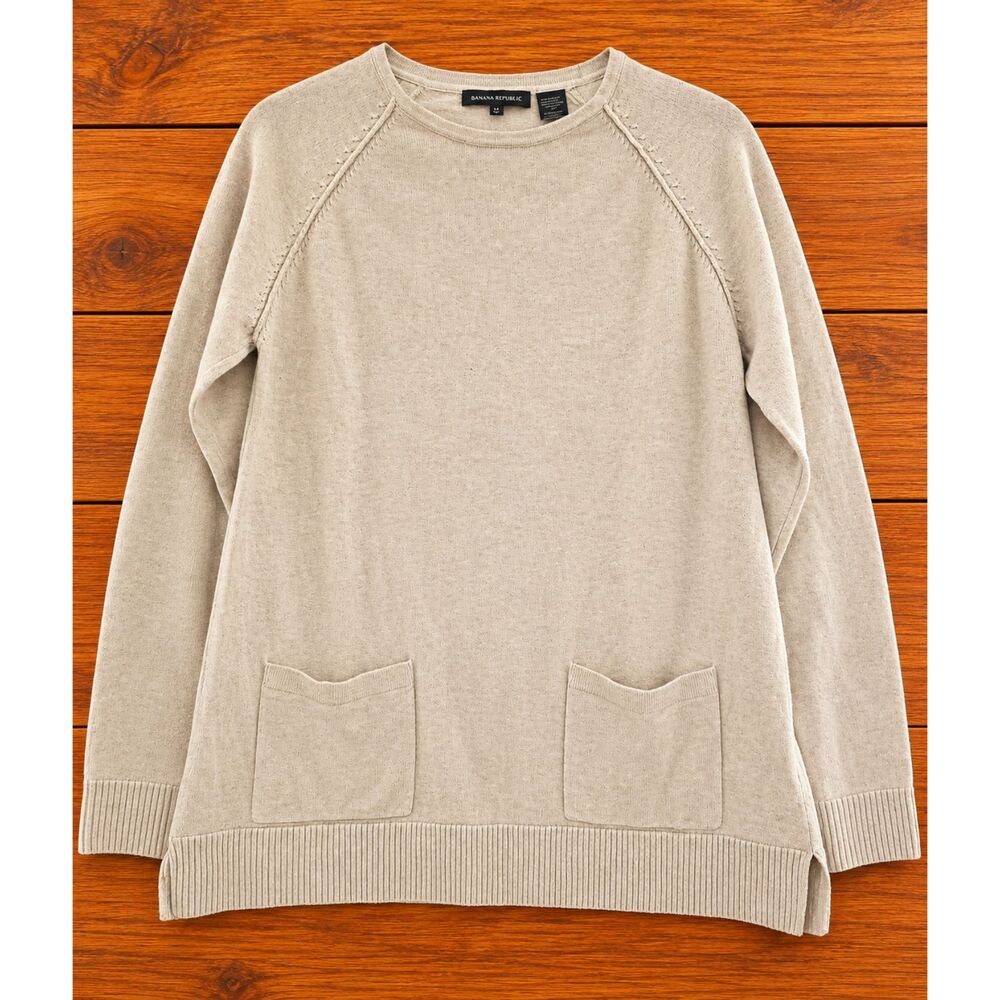 Jeanne Pierre Beige Knit Tunic Sweater Medium M Fall Cozy Pocket Raglan Pullover